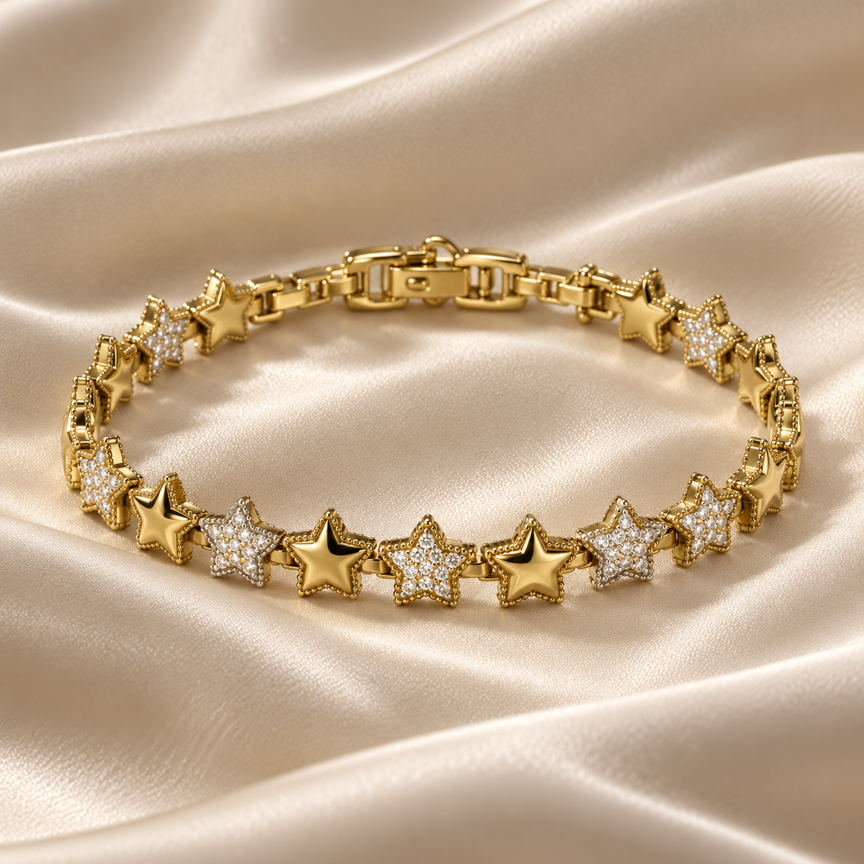 Clear Stone Pavé and Polished Star Yellow Gold-Tone Link Bracelet