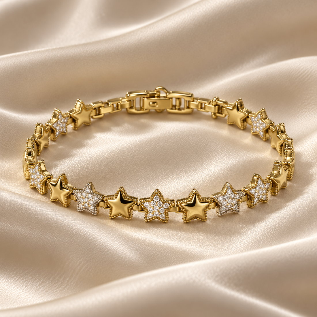 Clear Stone Pavé and Polished Star Yellow Gold-Tone Link Bracelet