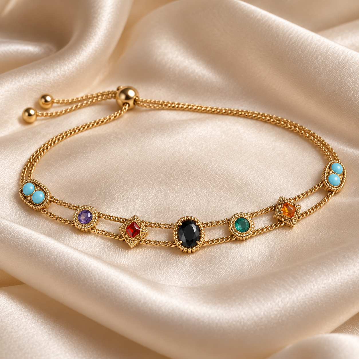 Multicolor Stone Double Chain Adjustable Bolo Bracelet in Gold Tone