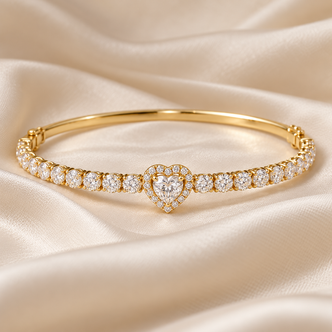 Heart Cut Halo Bangle Bracelet in Yellow Gold Tone