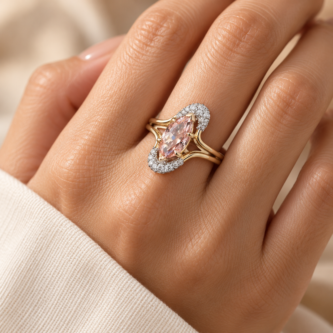 Women’s Pink Marquise Two-Tone Pavé Crescent Split-Shank Ring