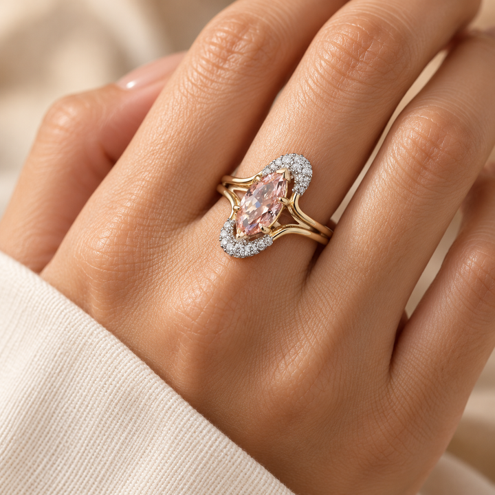 Women’s Pink Marquise Two-Tone Pavé Crescent Split-Shank Ring
