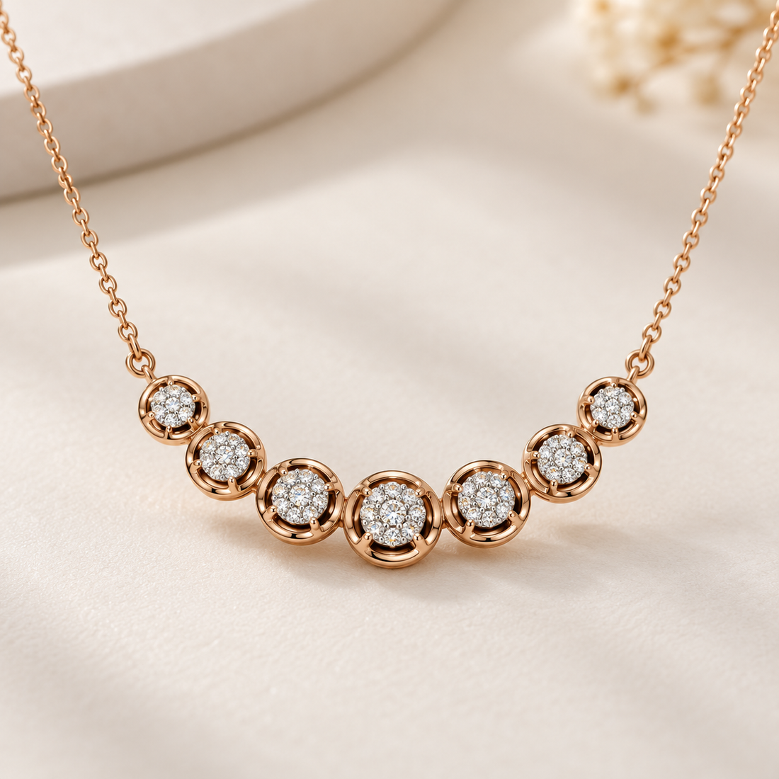 Seven Circle Round Stone Cluster Rose Gold Station Necklace