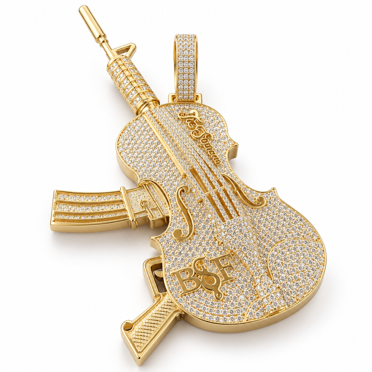 Iced Out Violin Rifle Pendant – Custom Yellow Gold Tone Hip Hop Jewelry