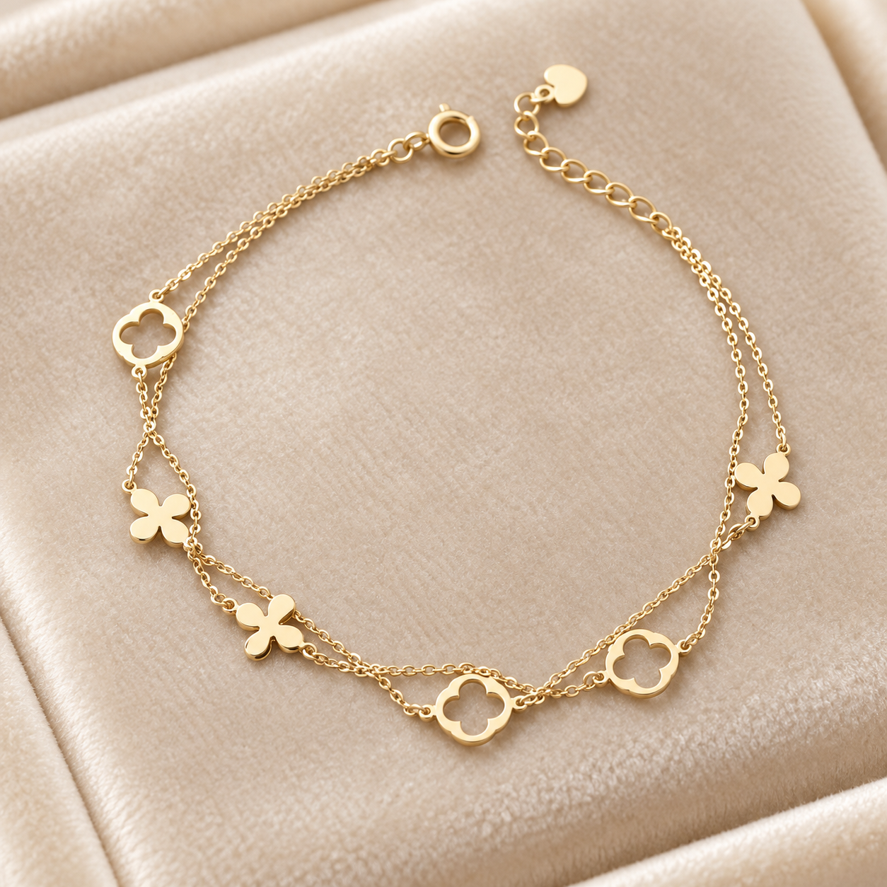 Yellow Gold-Tone Double Chain Clover Station Bracelet