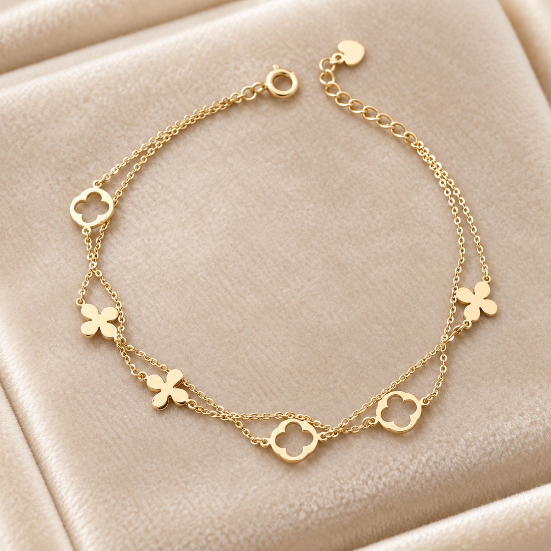 Yellow Gold-Tone Double Chain Clover Station Bracelet
