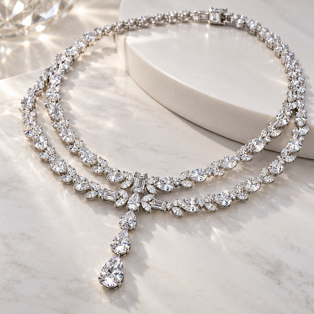 Double Row Marquise & Pear Drop White Gold Statement Necklace