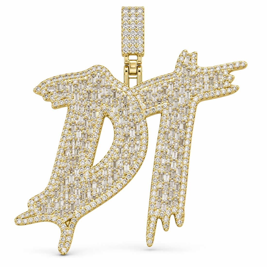 DT Initial Yellow Gold-Tone Pendant with Baguette and Round Stones in Dripping Graffiti Style