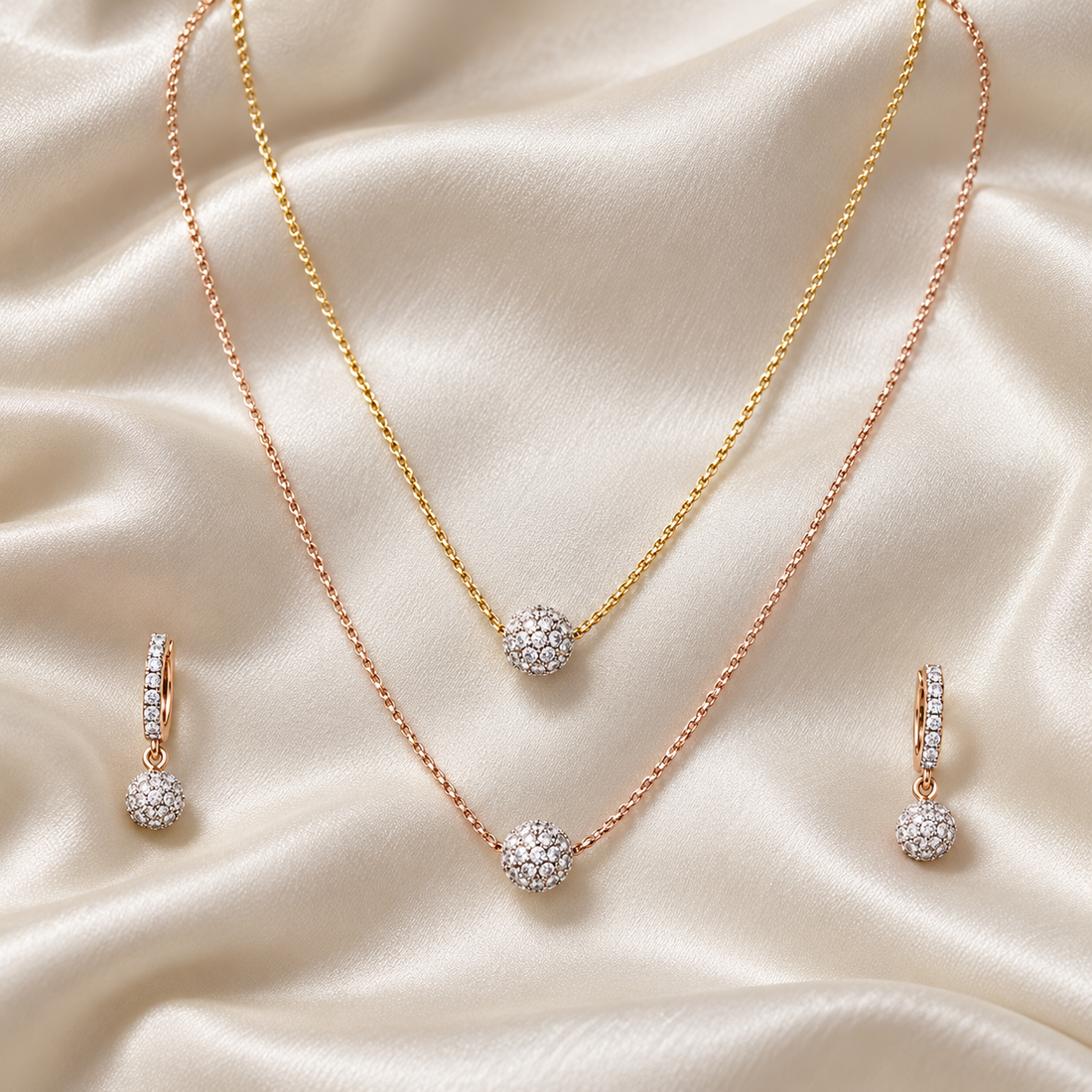 Two-Tone Layered Pavé Ball Necklace and Drop Earrings Set