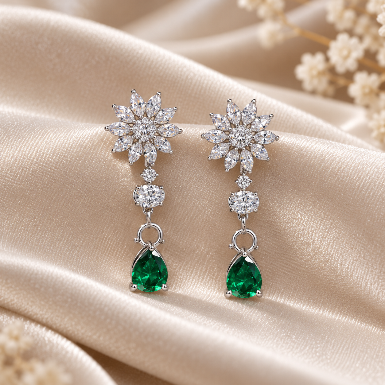 Green Pear Drop Earrings with Marquise Flower Cluster