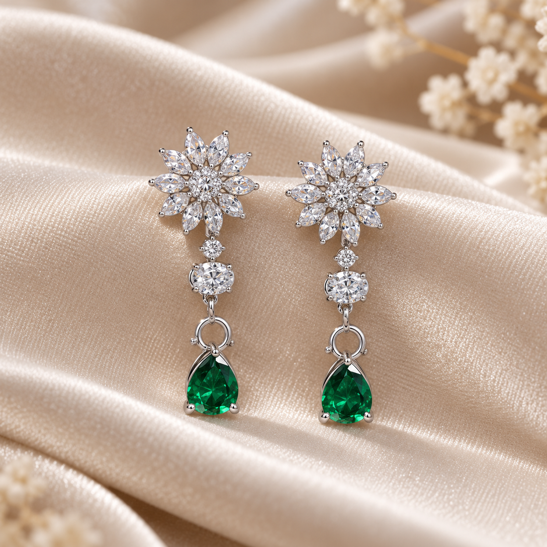 Green Pear Drop Earrings with Marquise Flower Cluster