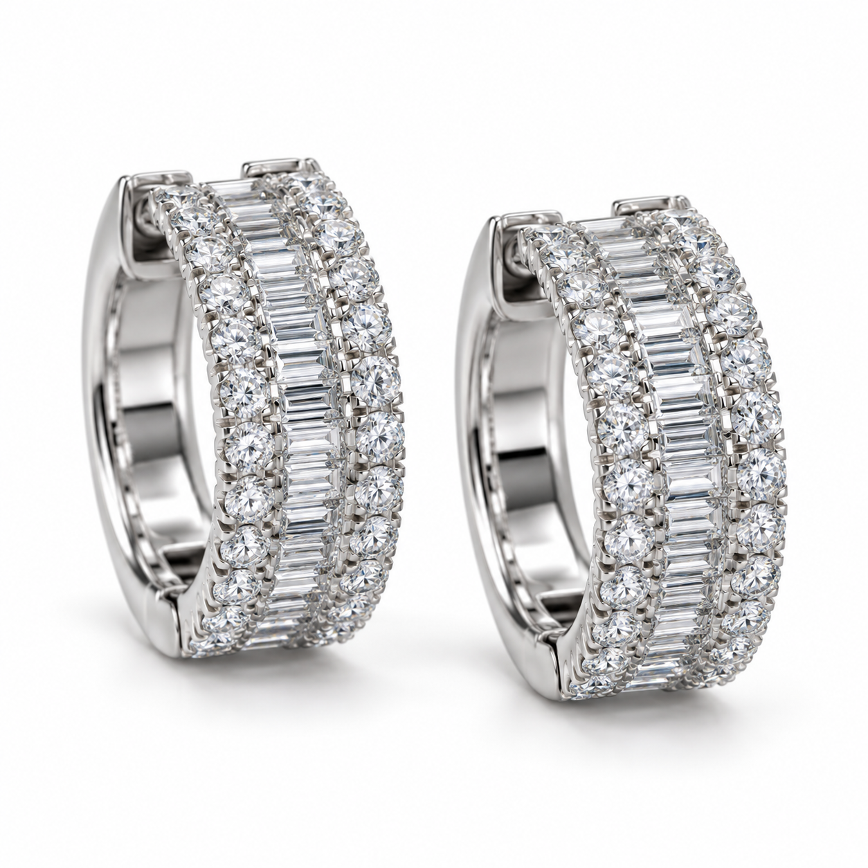 Baguette & Round Stone Three Row White Gold-Tone Bali Hoop Earrings – Custom Iced Out Jewelry