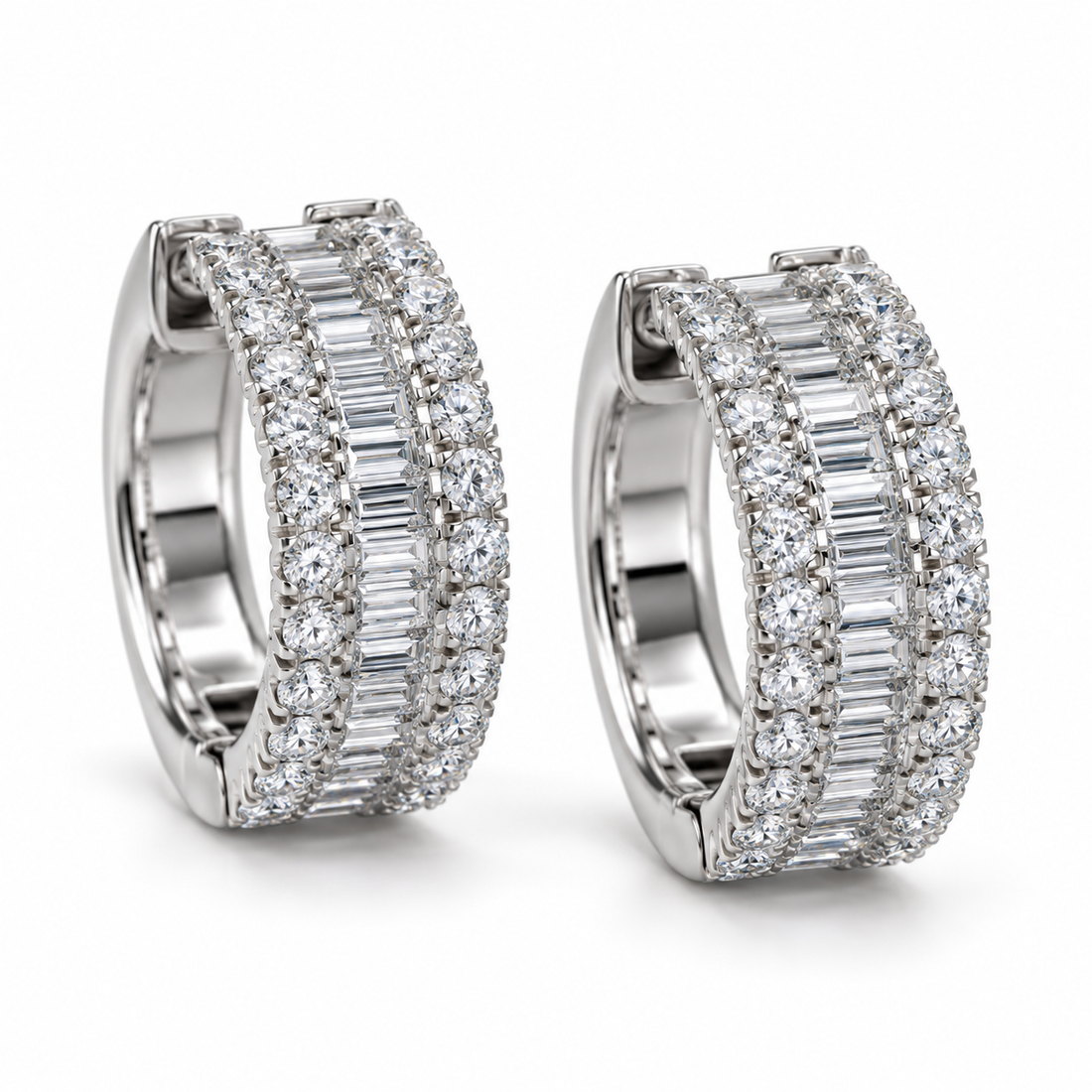 Baguette & Round Stone Three Row White Gold-Tone Bali Hoop Earrings – Custom Iced Out Jewelry