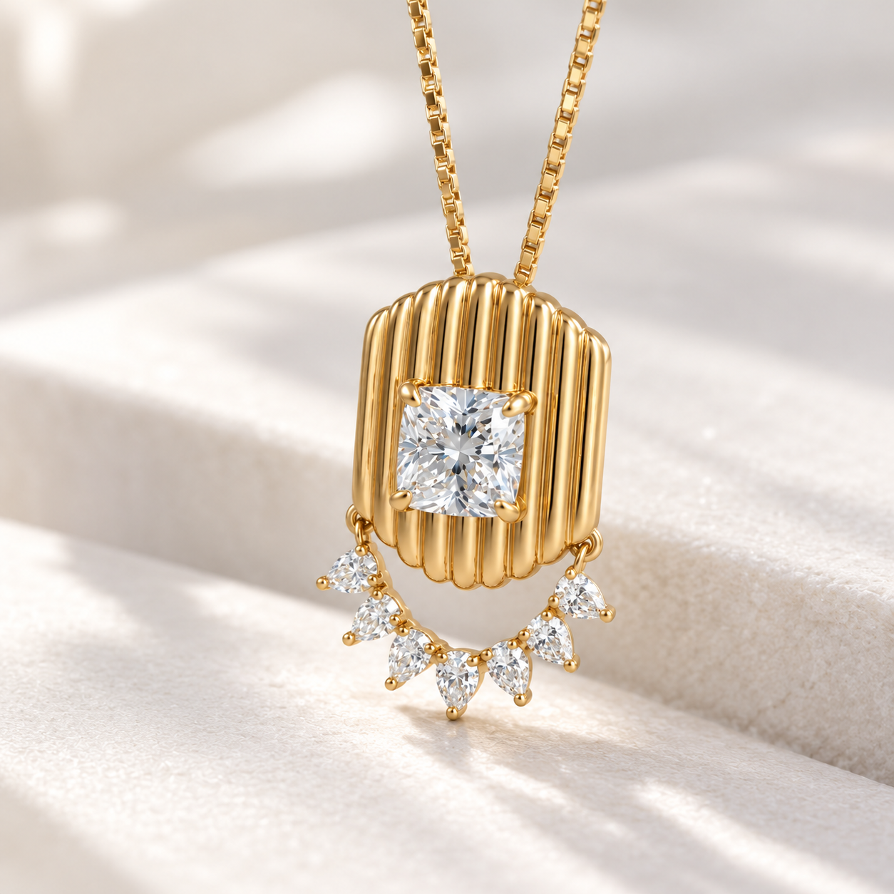 Square Cut Pear Drop Yellow Gold Pendant Necklace