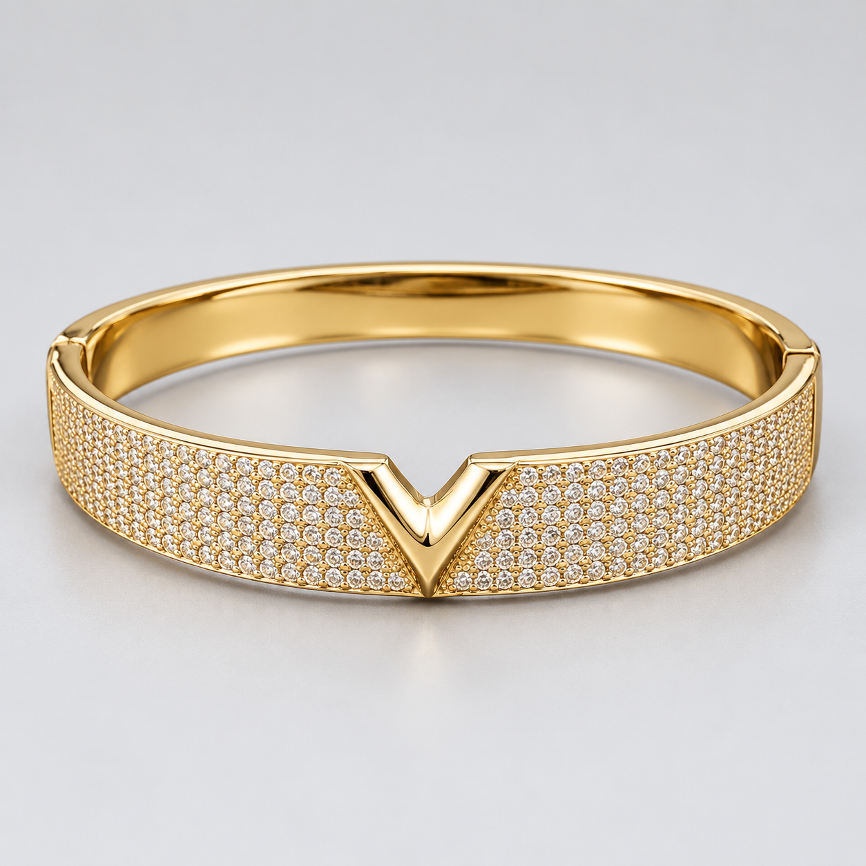 Yellow Gold-Tone V-Motif Pavé Statement Bangle