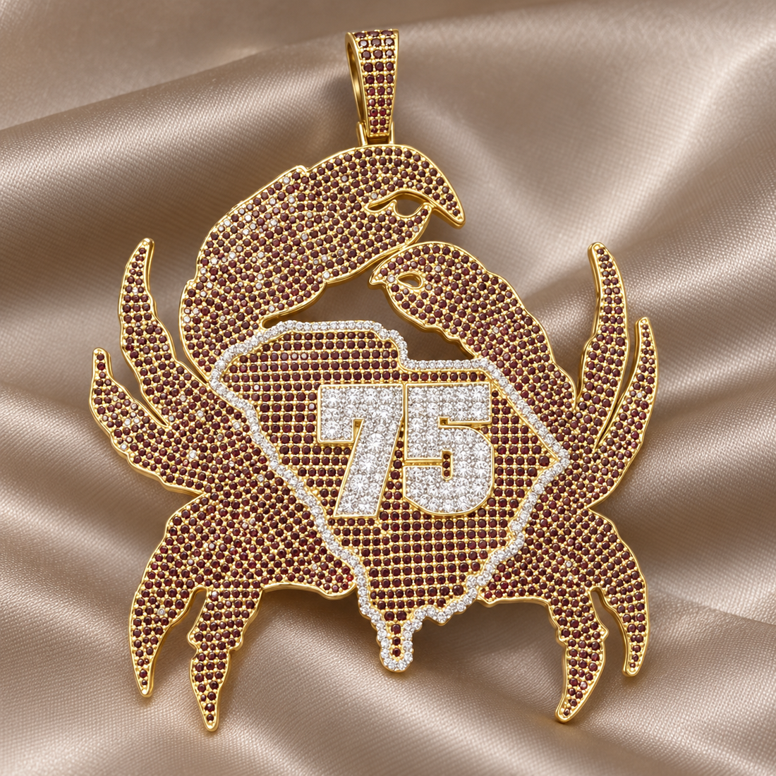 Crab Yellow Gold-Tone Pavé Pendant with Burgundy Stones, South Carolina Outline and 75 Number