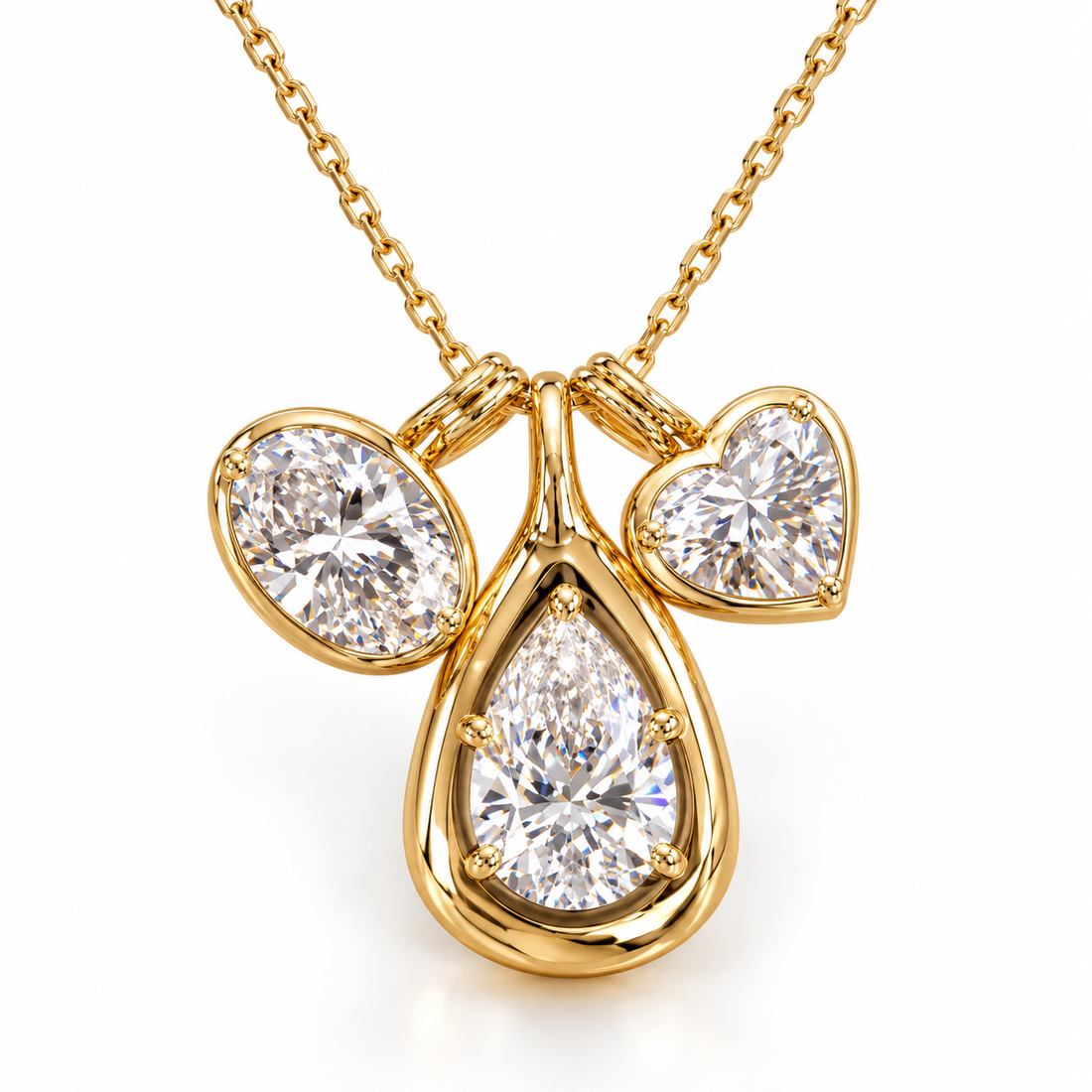 Pear Round & Heart Cut Three Stone Yellow Gold Pendant Necklace