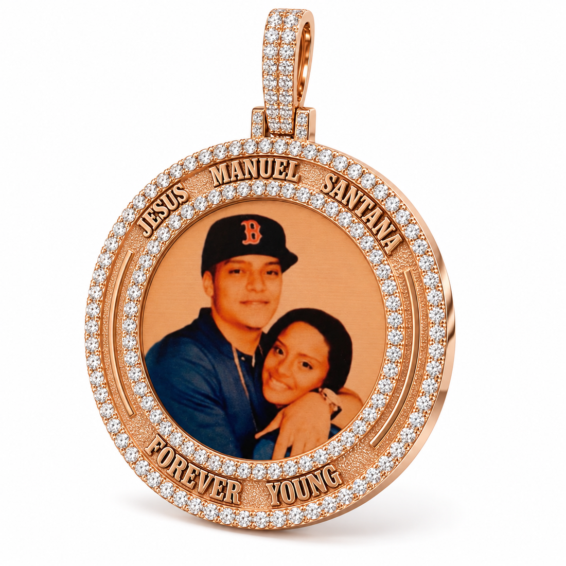 Custom Forever Young Round Photo Pendant – Rose Gold Tone Iced Out Memorial Jewelry