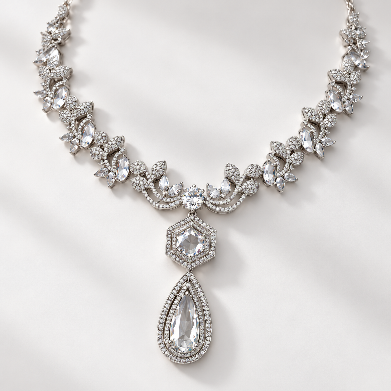 Marquise Floral Hexagon Pear Drop White Gold Statement Necklace