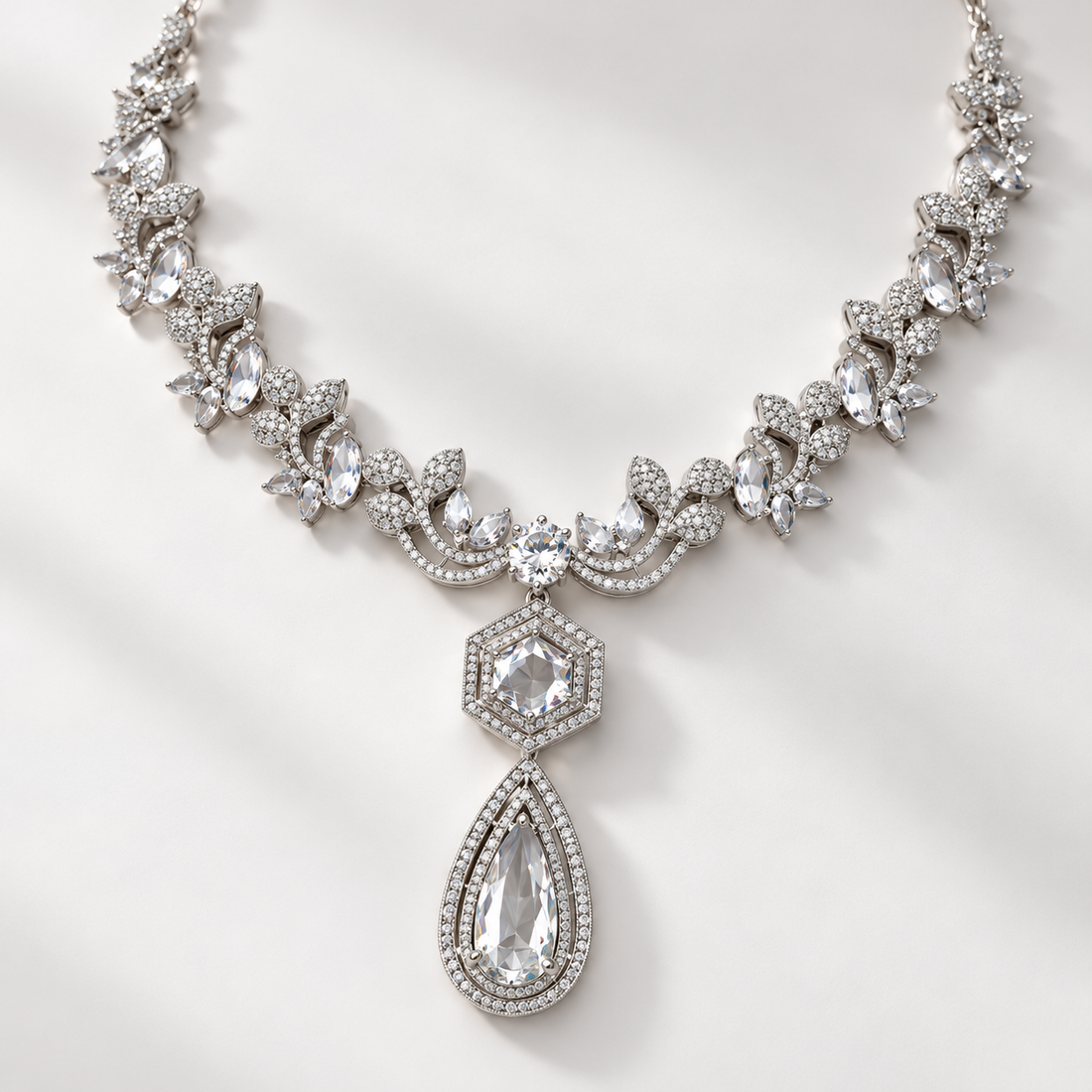Marquise Floral Hexagon Pear Drop White Gold Statement Necklace