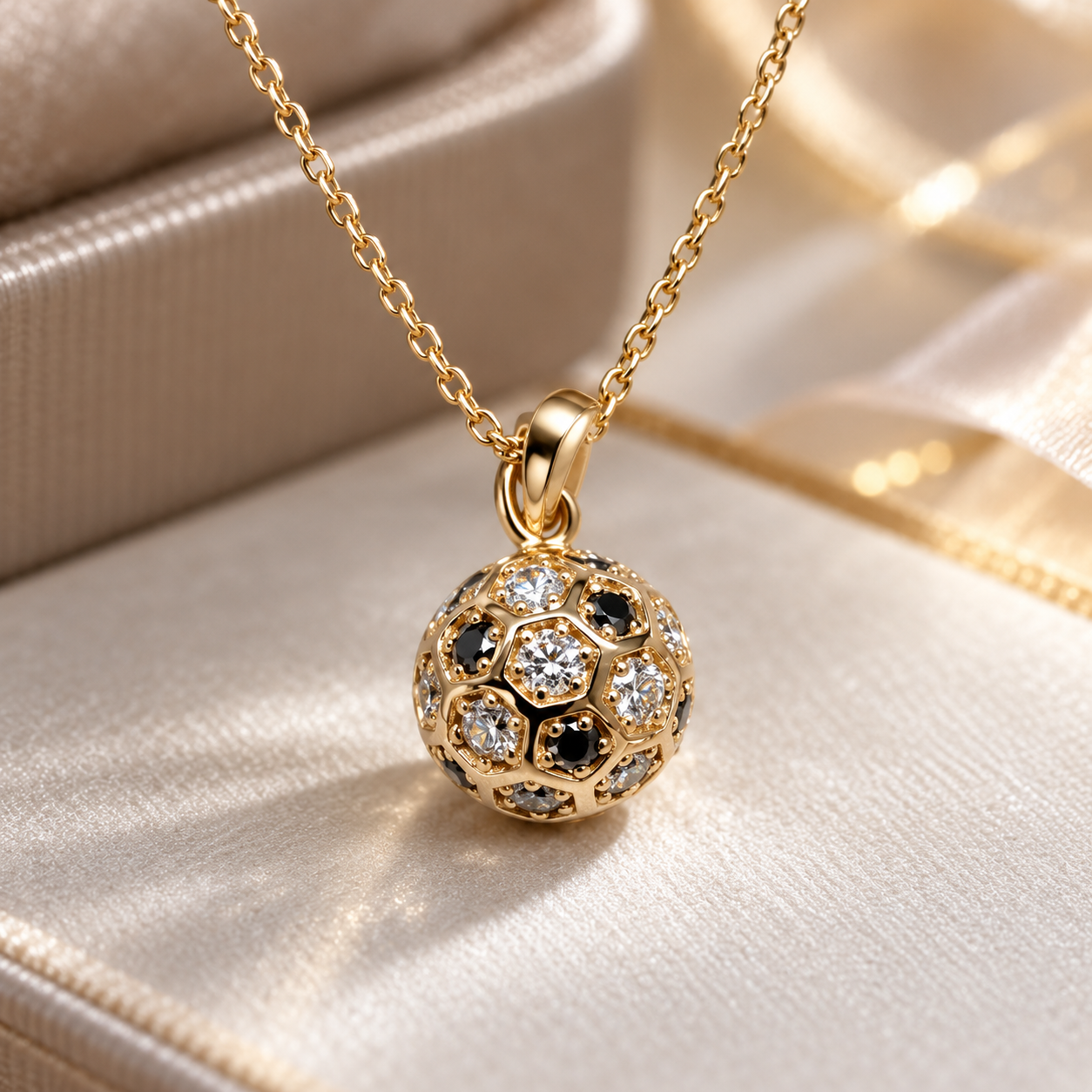 Black & White Stone Soccer Ball Yellow Gold Pendant Necklace