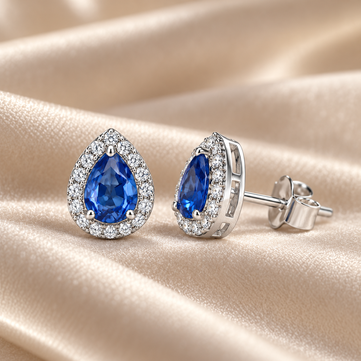 Blue Pear-Shaped Halo Stud Earrings in White Gold Tone