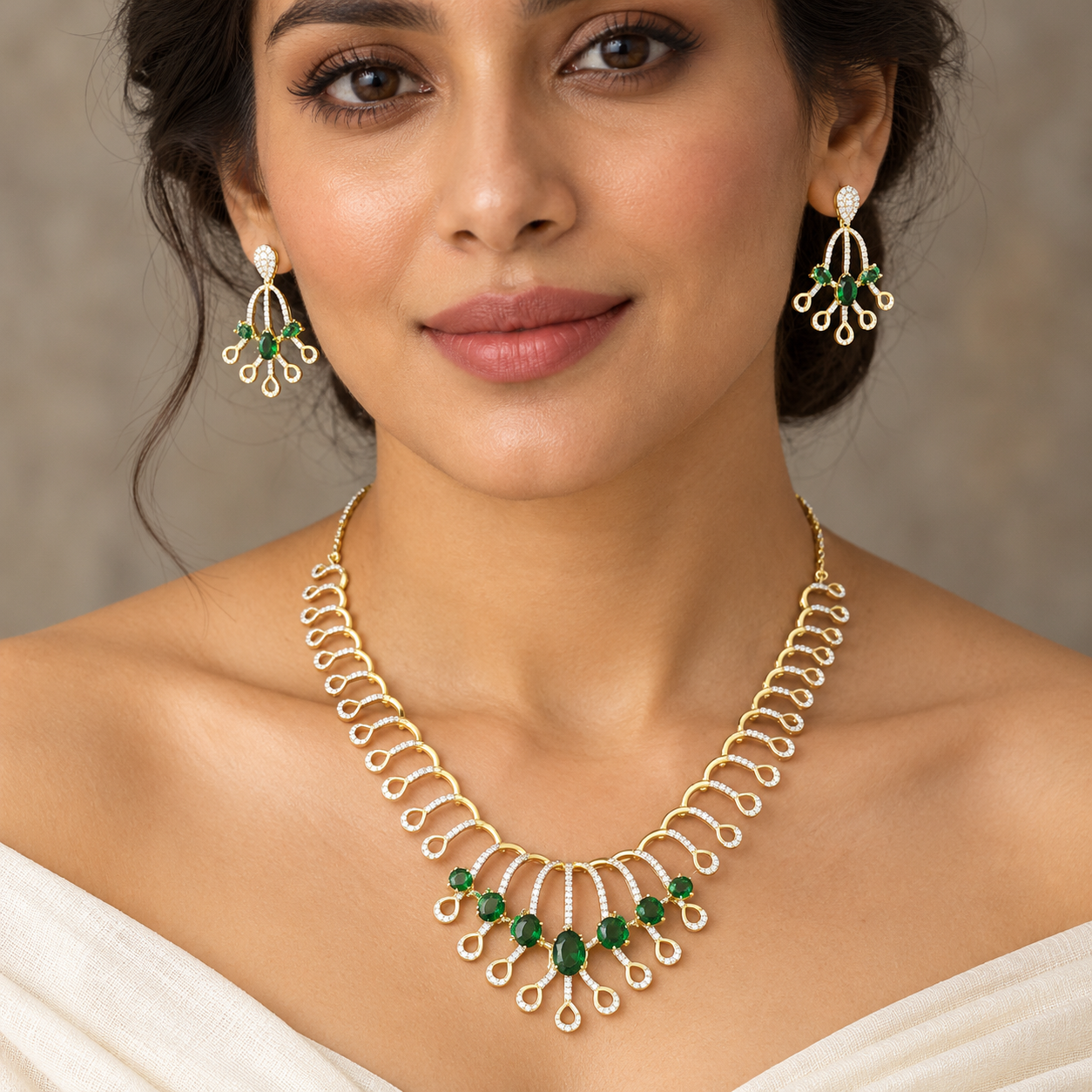 Green Oval Stone and Pavé Teardrop Loop Gold-Tone Necklace and Earrings Set