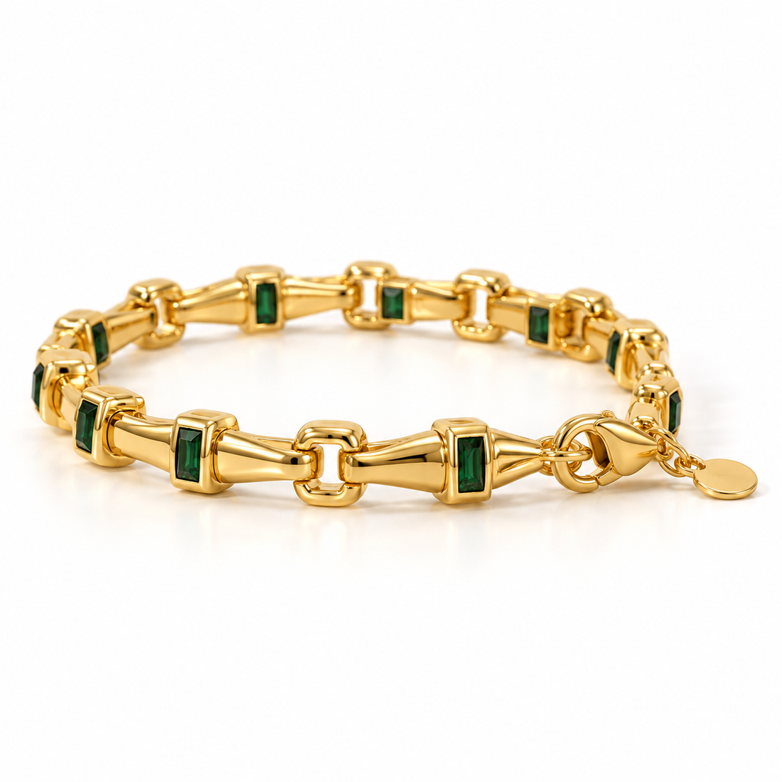 Green Rectangular Stone Yellow Gold-Tone Geometric Link Bracelet