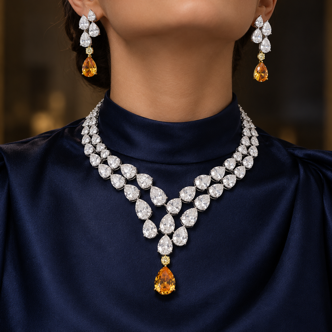 Double-Row Pear-Cut Bridal Necklace and Earrings Set with Amber-Orange Drops