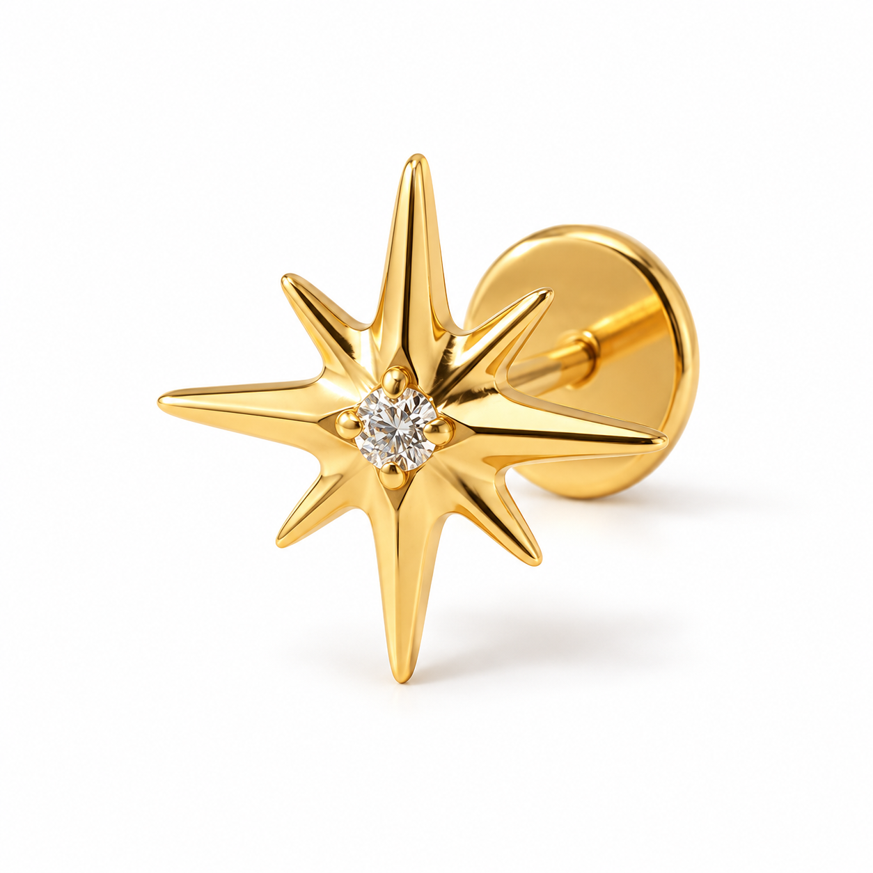 Men’s Eight-Point Star Yellow Gold-Tone Stud Earring with Round Center Stone