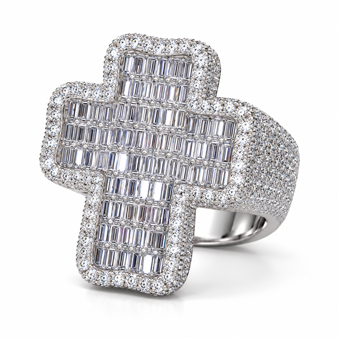 Baguette Cross Iced Out White Gold-Tone Hip Hop Ring – Custom Statement Jewelry