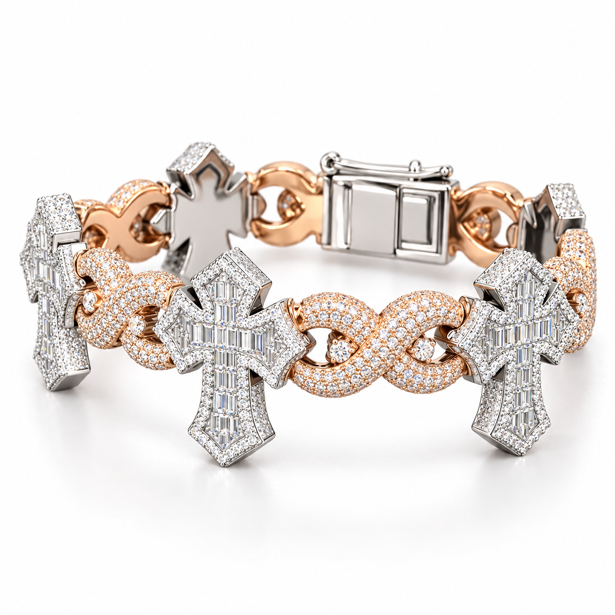 Two Tone Baguette Cross & Infinity Link Bracelet – White and Rose Gold-Tone Iced Out Jewelry