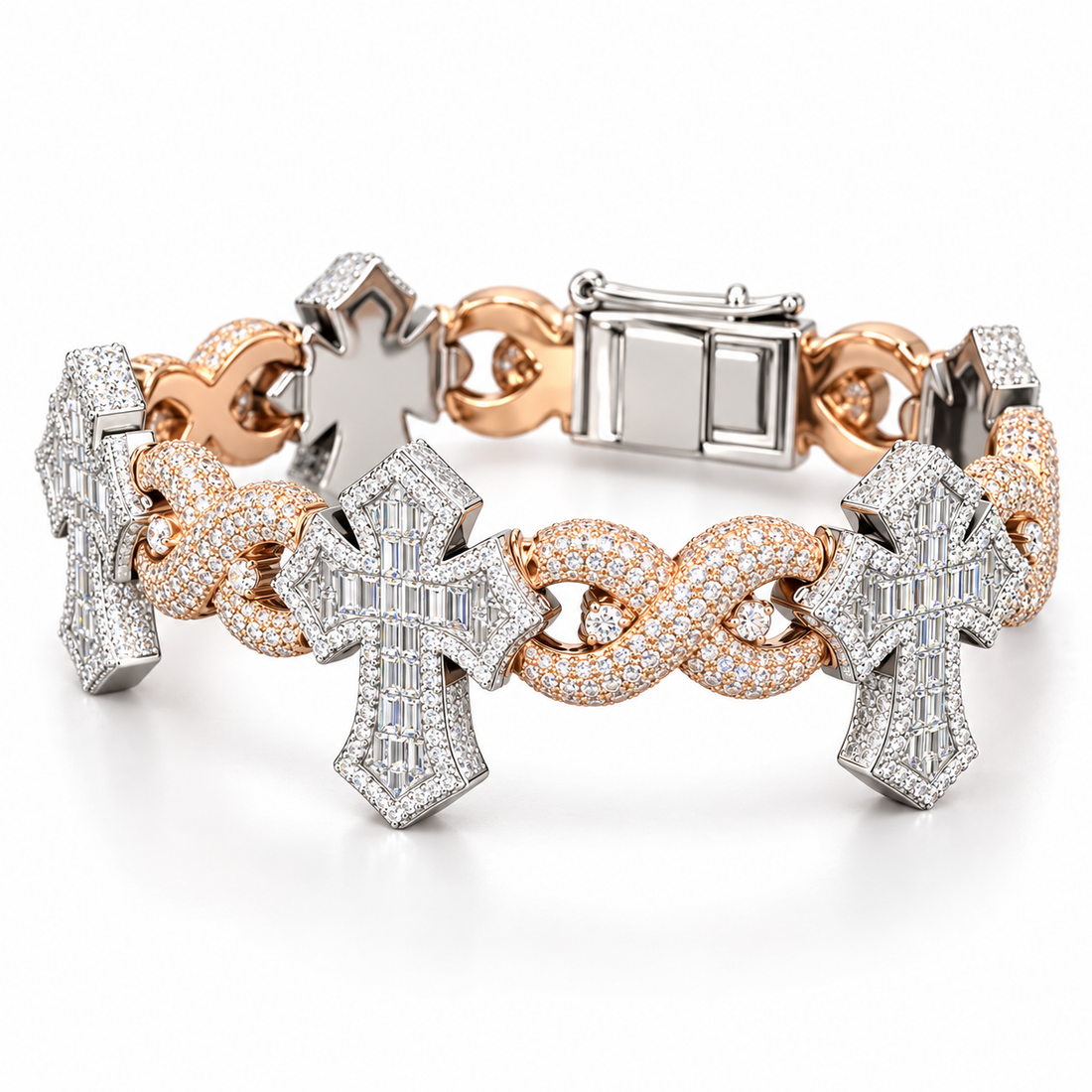 Two Tone Baguette Cross & Infinity Link Bracelet – White and Rose Gold-Tone Iced Out Jewelry