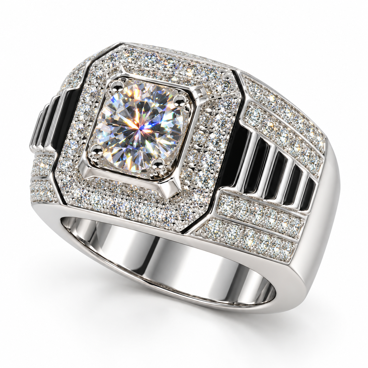 Round Center Octagonal Halo White Metal Ring with Ribbed Shoulders