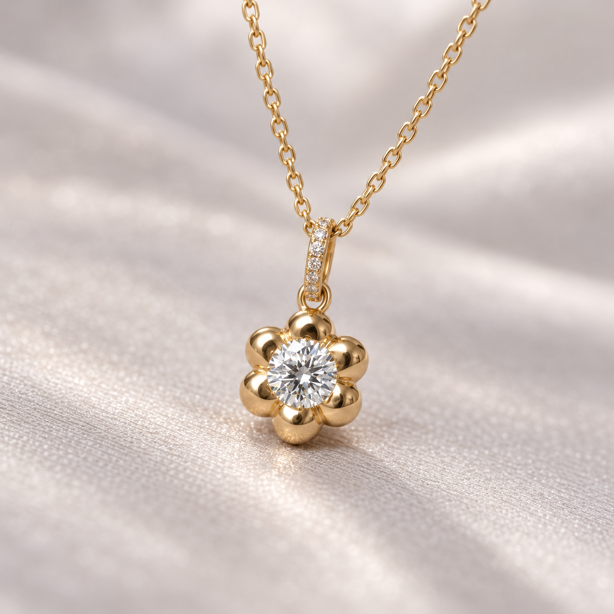 Round Cut Solitaire Six Petal Yellow Gold Flower Pendant Necklace