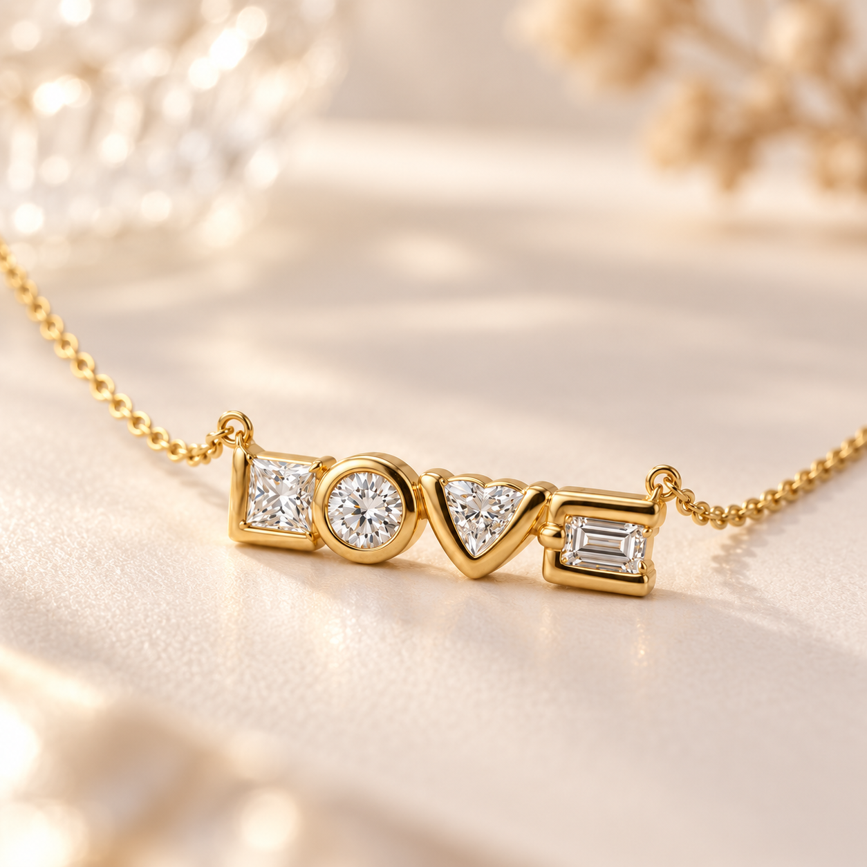 LOVE Mixed Cut Four Stone Yellow Gold Necklace