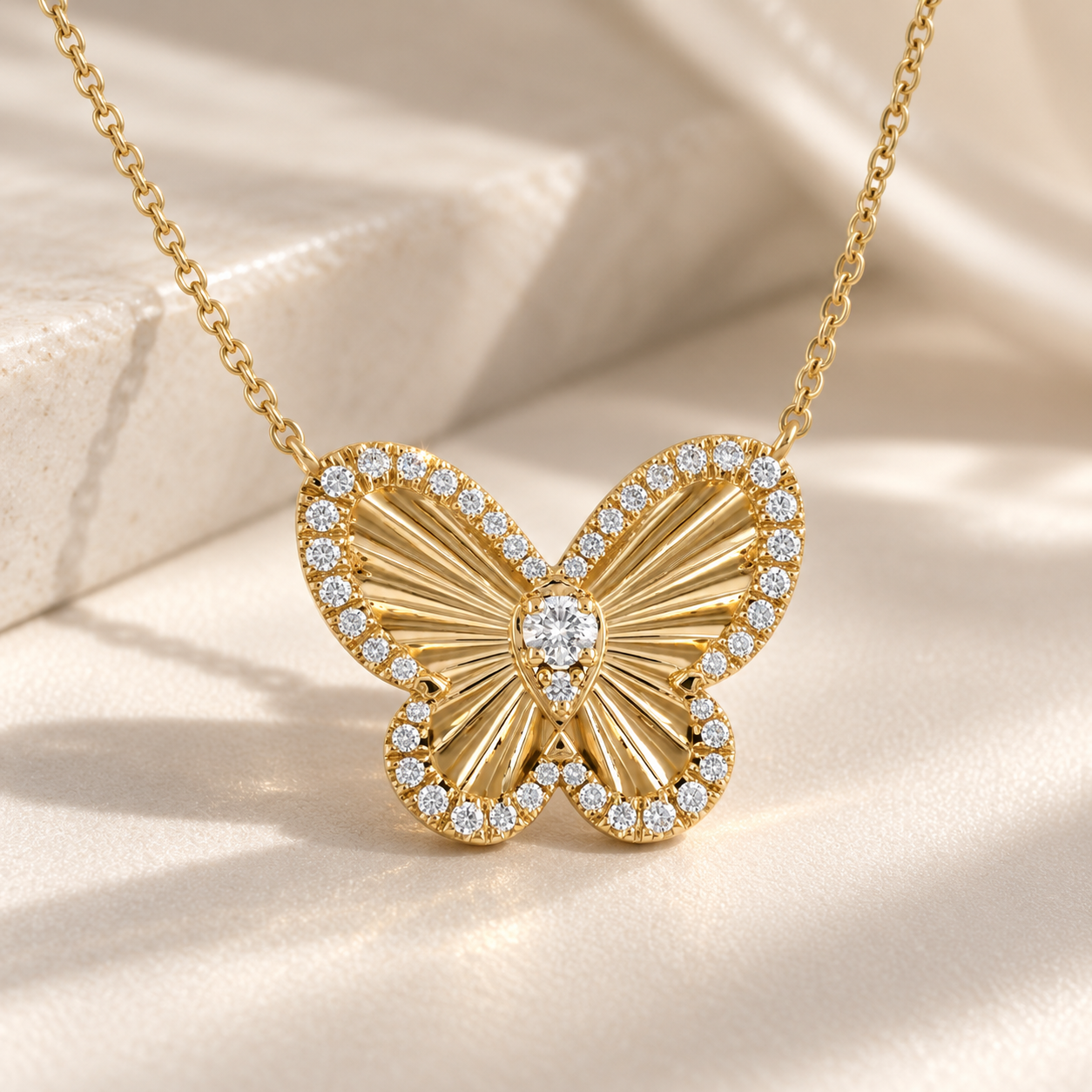 Round Cut Pavé Ribbed Butterfly Yellow Gold Necklace