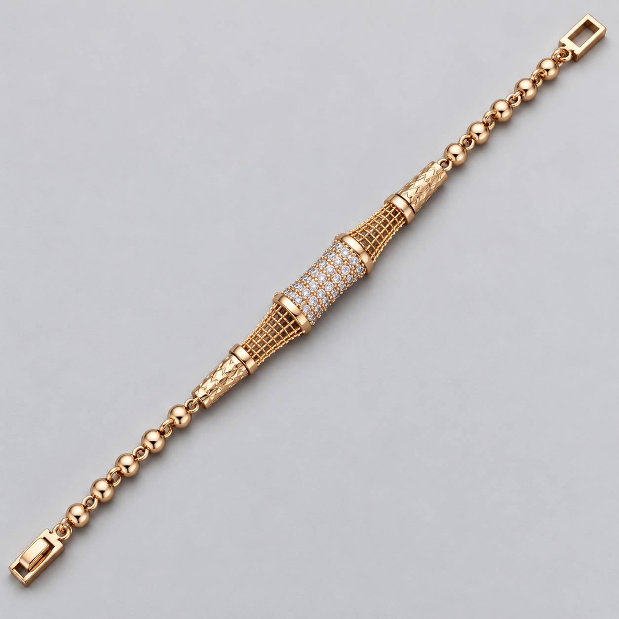 Gold-Tone Clear Stone Barrel Centerpiece Beaded Link Bracelet