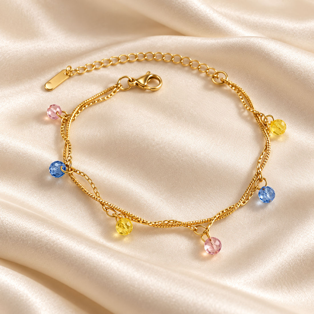 Yellow Gold-Tone Twisted Chain Bracelet with Multicolor Bead Charms