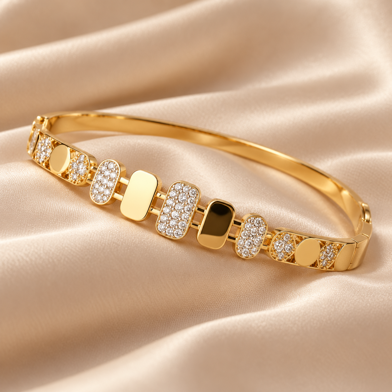 Clear Stone Pavé Rounded Rectangle Yellow Gold-Tone Bangle Bracelet