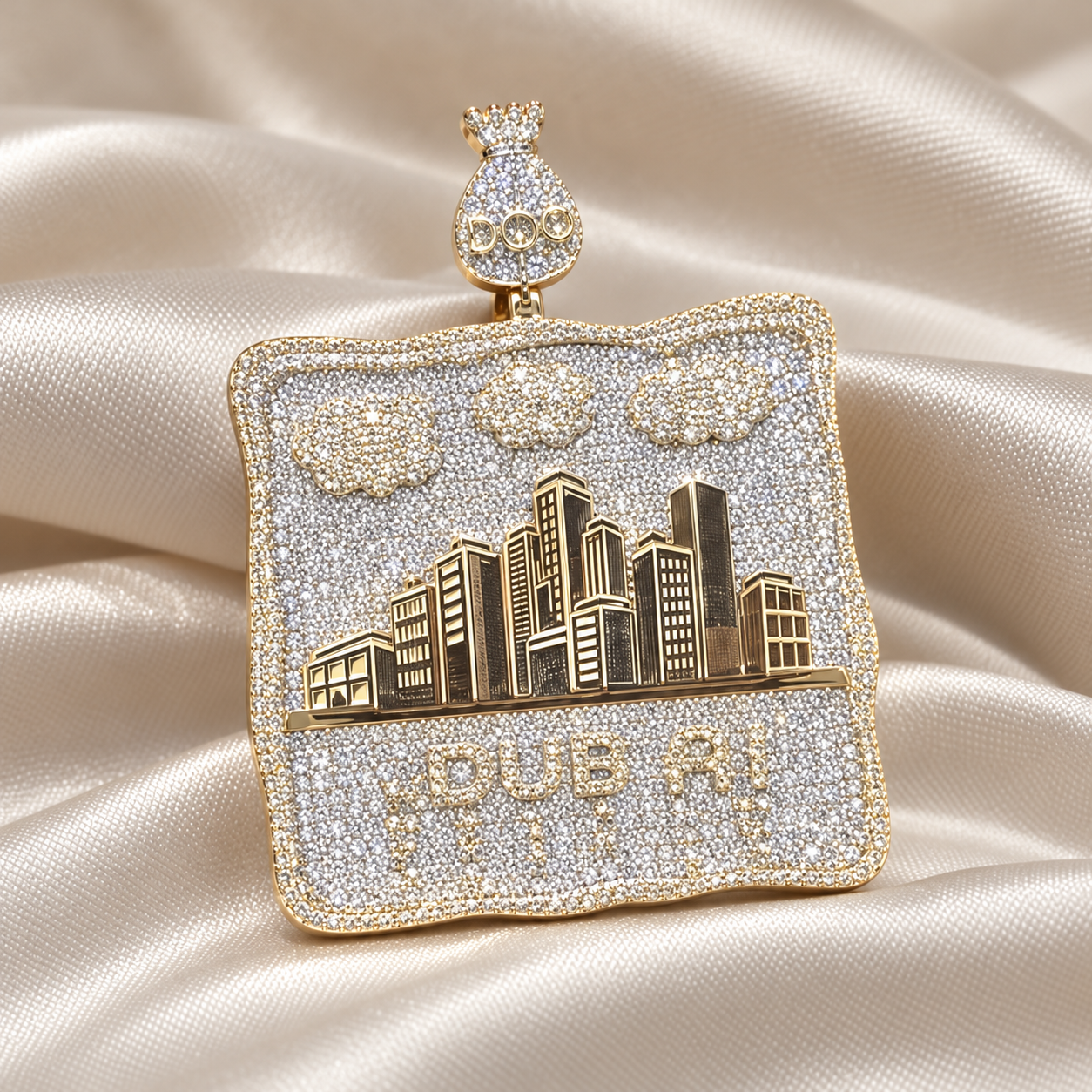 Dubai Skyline Yellow Gold-Tone Pavé Pendant with Cloud Details and Money Bag Bail
