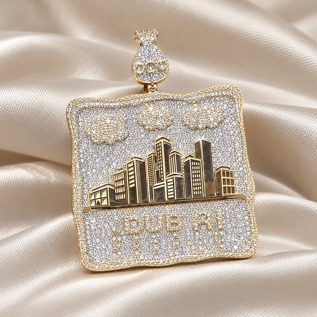 Dubai Skyline Yellow Gold-Tone Pavé Pendant with Cloud Details and Money Bag Bail
