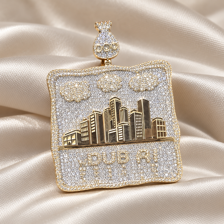 Dubai Skyline Yellow Gold-Tone Pavé Pendant with Cloud Details and Money Bag Bail