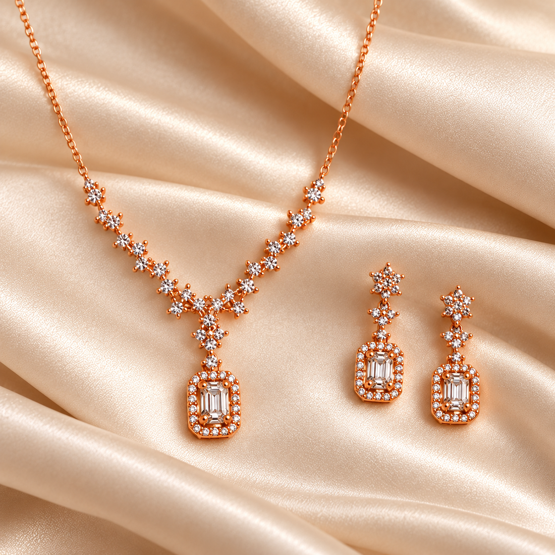 Rose Gold-Tone Floral Emerald-Cut Halo Necklace and Earrings Set