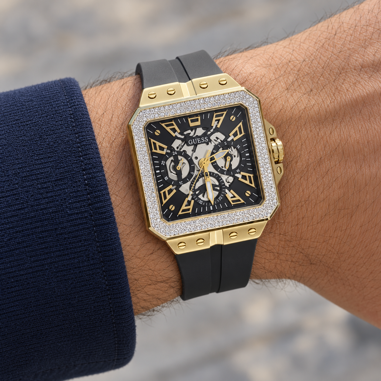 Men’s Gold-Tone Rectangular Pavé Bezel Black Strap Watch