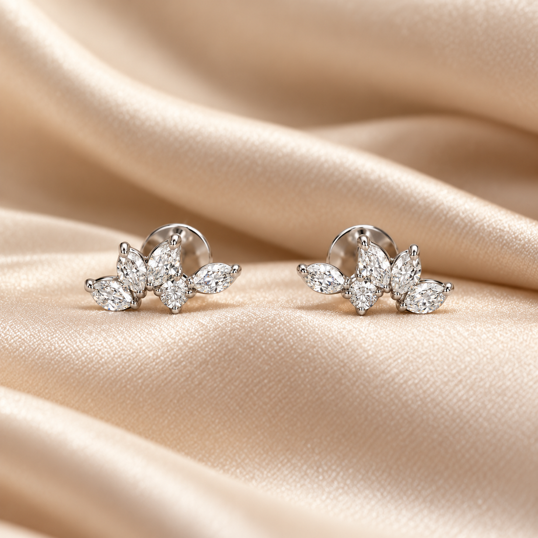 Marquise & Round Stone Leaf Cluster Stud Earrings