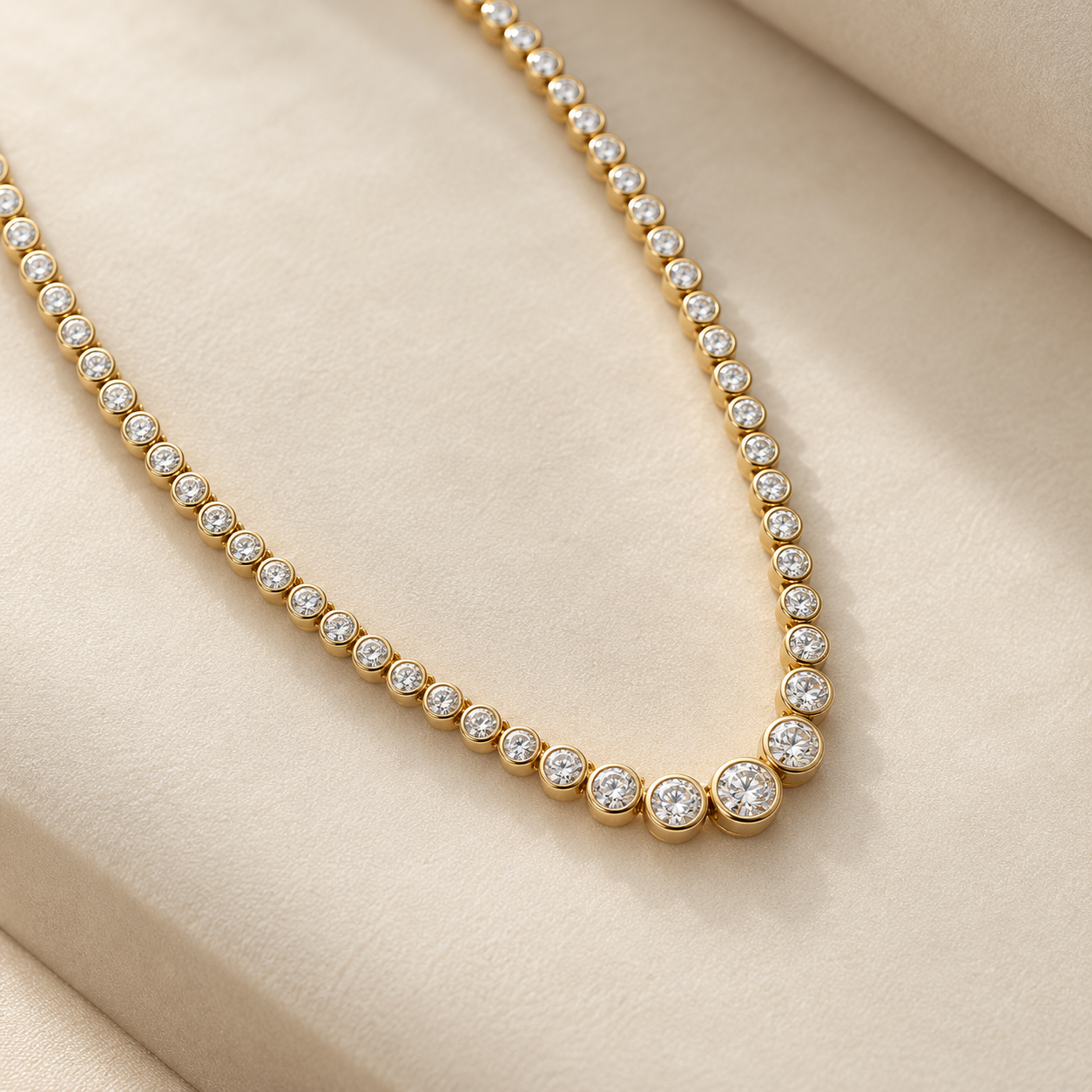 Graduated Round Cut Bezel Set Yellow Gold Tennis Necklace