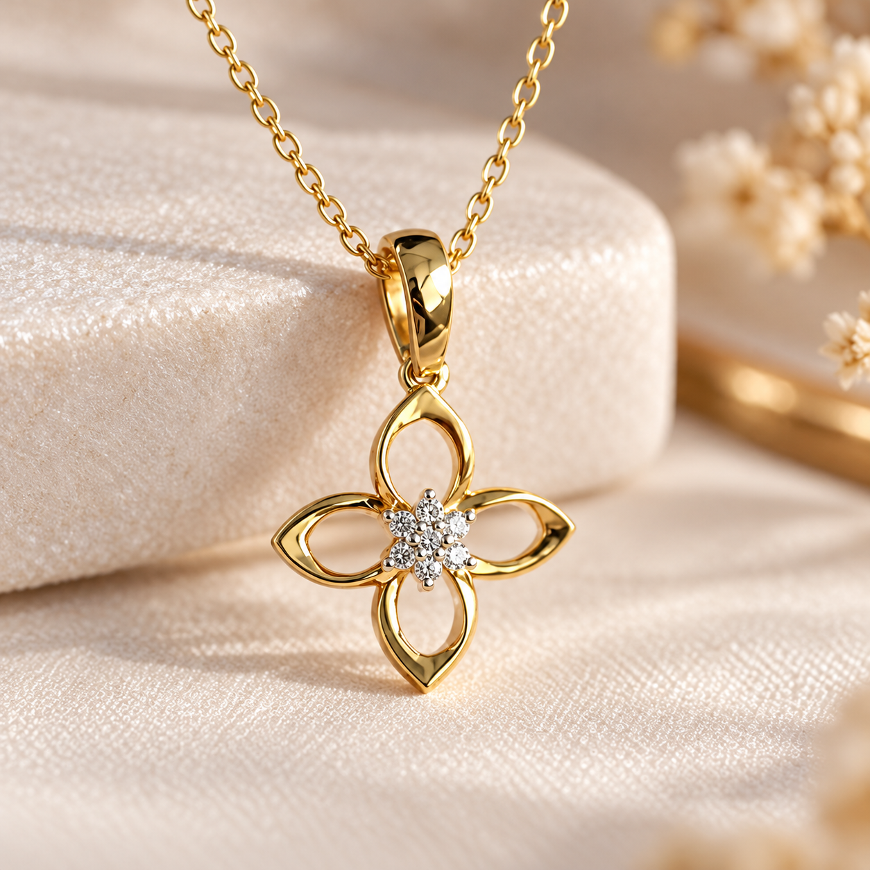 Four Petal Openwork Flower Yellow Gold Pendant Necklace