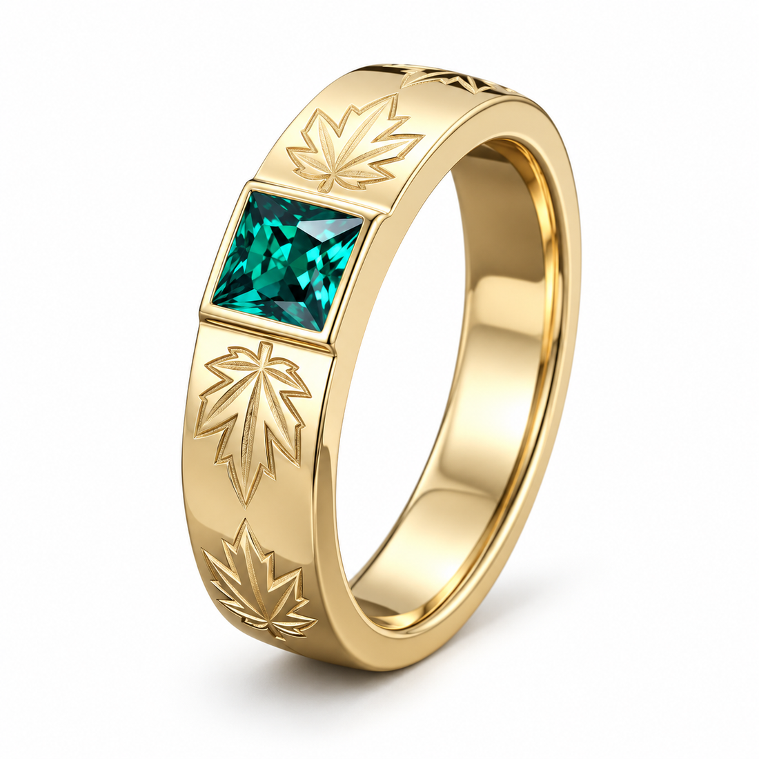 Green Princess Cut Yellow Gold-Tone Band Ring with Maple Leaf Engravings
