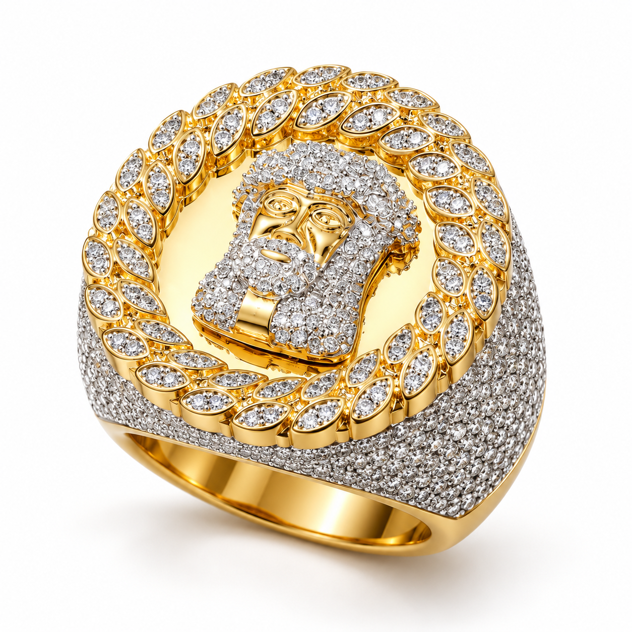 Jesus Head Laurel Wreath Iced Out Hip Hop Statement Ring